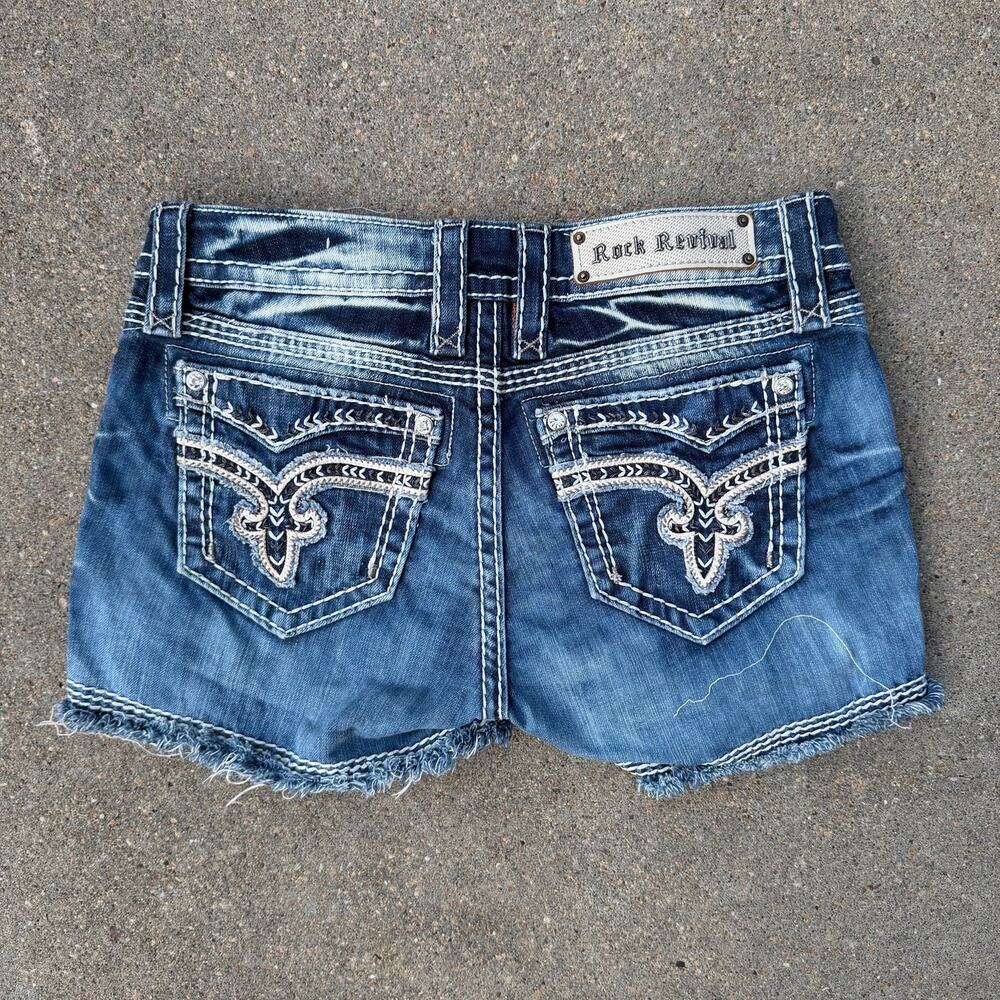 Rock Revival Vivian Bling Raw Hem Denim Jean Shorts Blue Size 28 E8377H39